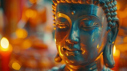 Fototapeta premium Buddha Statue Sitting in Front of Yellow Wall