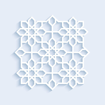 Islamic vector template decoration. Elegant arabesque in eastern style. Islam decorative relief symbol. Geometric floral 3d motif for vintage interior designs, arabic holidays cards. White color.