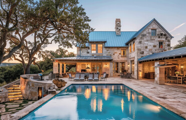 Fototapeta na wymiar A large pool and house in San Antonio, Texas with a light blue roof. The home is an old stone ranch-style two-story building that has multiple windows and doors on the first floor.