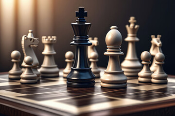 Strategic chess game showcases chessboard with various pieces arranged for game.