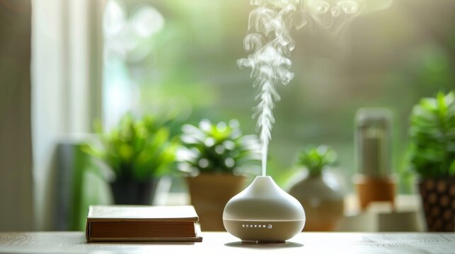 Aroma humidifier therapeutic home device. Essential aroma oil diffuser on the table, nearby mint leaves, green background, copy space for text. Still life. Concept aromatherapy and relaxing. Air