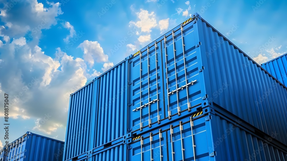 Poster blue container boxes stacked against sky background for importexport logistics. concept import/expor
