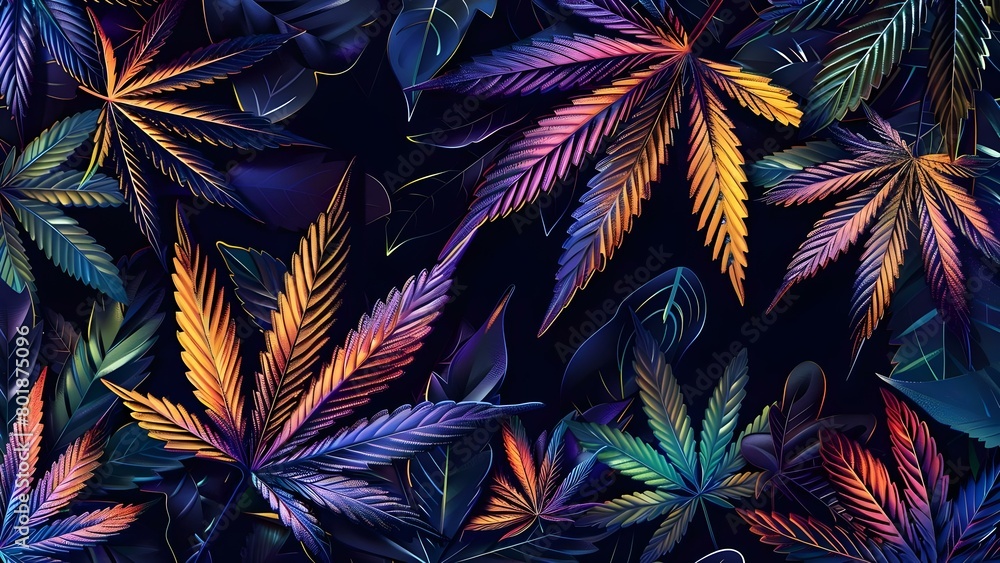 Poster creating a stylish design with dark background, glossy metallic neon elements, and repeated marijuan