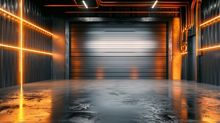 Detailed depiction of a roller shutter within a modern garage, paired with a durable concrete floor, suitable for showcasing utility and design in industrial settings