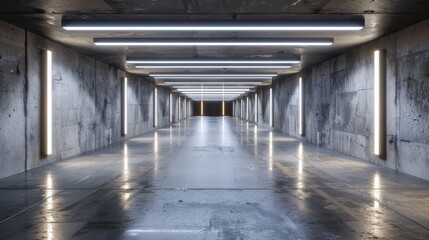 Minimalist underground corridor in a big hall, featuring a glossy concrete finish and white stripe lights, offering a modern and empty canvas for creative studio projects
