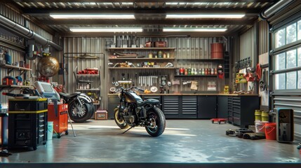 Detailed and realistic depiction of a motorcycle garage with specialized tools and lifts, perfect for enthusiasts and repair guides