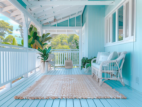 Modern retro beach hut coastal veranda porch sofa lounge rug pastel aqua mint green Australian fibro paint deck shack entrance patio pergola house resort vibes Australia home outdoor living palm tree
