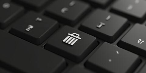 A close-up shot of a button on an AI keyboard, featuring a garbage can icon symbolizing deletion or removal. The image depicts technology and digital interface concepts, ideal for illustrating AI 
