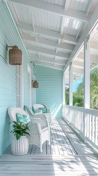 Modern retro beach hut coastal veranda porch cane chairs pastel white aqua mint green Hamptons luxury deck shack entrance patio pergola house seaside contemporary Australia backyard outdoor living 