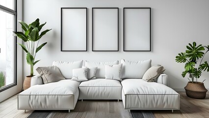 Contemporary living room design with stylish decor and photo frames on wall. Concept Living Room Decor, Stylish Design, Photo Frames, Contemporary Style