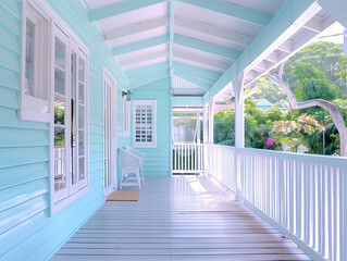 Bright retro beach hut coastal veranda porch pastel aqua mint green Hamptons luxury deck shack entrance patio pergola house seaside vibes contemporary Australia summer house outdoor living 