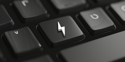 A close-up shot of a button on an AI keyboard, featuring a lightning bolt icon symbolizing energy or power. Against a black and white background, the image creates a striking contrast, evoking a sense