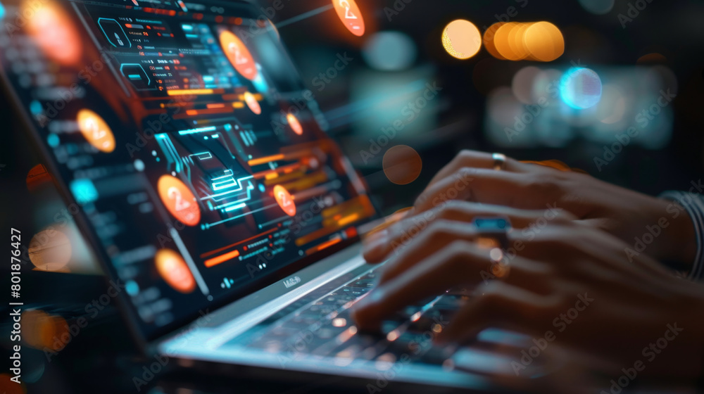 Poster a close-up shot of hands typing on a laptop with an advanced cybersecurity interface, illuminated in