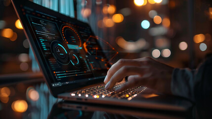 Close-up of hands typing on a laptop keyboard with a screen displaying sophisticated data analytics...