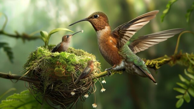 A mother hummingbird hovering over her tiny nest, delicately feeding nectar to her precious hatchlings.