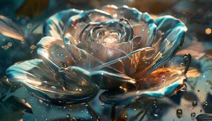 Explore a futuristic perspective on flora, featuring an intricate, metallic rose unfolding its petals in a shimmering, digital oasis