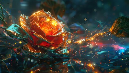Fototapeta na wymiar Explore a futuristic perspective on flora, featuring an intricate, metallic rose unfolding its petals in a shimmering, digital oasis