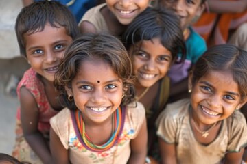 Group of indian kids smiling and looking at the camera, India