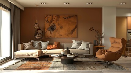 Contemporary young adult's living room, accentuated with earthy tones like caramel and taupe, offering a perfect blend of style and comfort