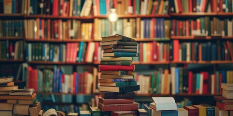 A stack of books on top of each other in a library. The books are of different sizes and colors. Concept of knowledge and learning, as well as the importance of reading and education