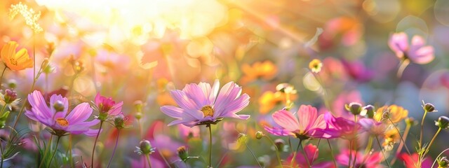 A field of colorful wildflowers, with the sun light and blur background
