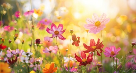 A field of colorful wildflowers, with the sun light and blur background