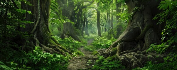 A forest with a path through it. The path is surrounded by trees and bushes. The forest is lush and green, with sunlight filtering through the leaves