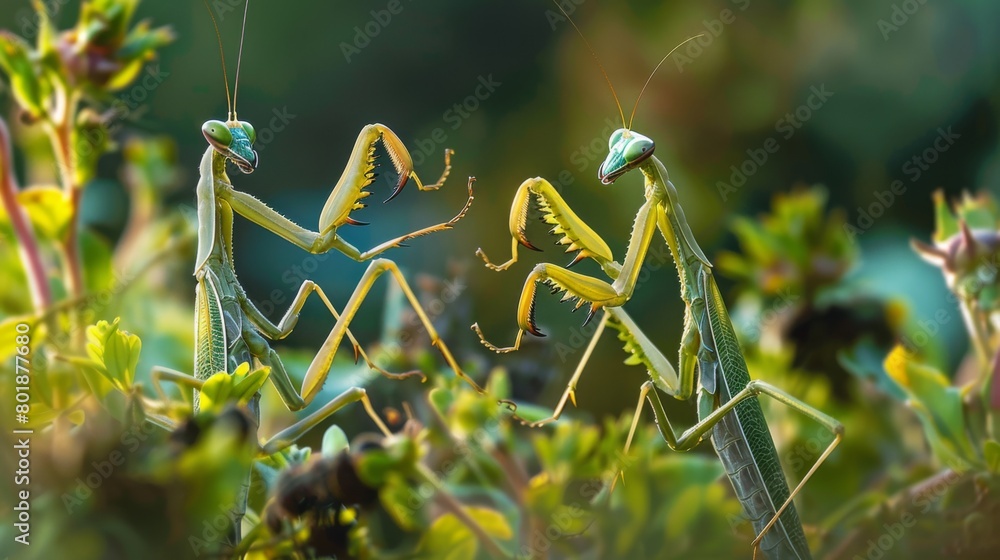 Poster a pair of mantises engaged in a fierce battle for territory, their forelegs raised in a display of d