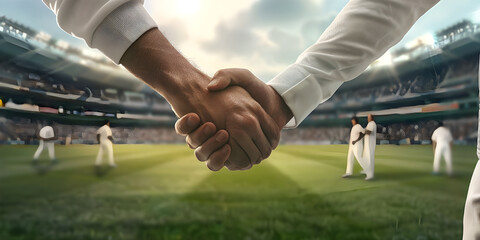Sports spirit in game as players hand shaking in cricket match