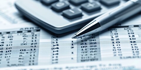 Close up view of calculator and pen on top of financial statement sheets, with a focus on the numbers
