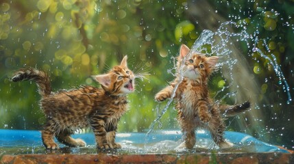 A pair of playful kittens batting at a stream of water from a garden hose, tails flicking with excitement.
