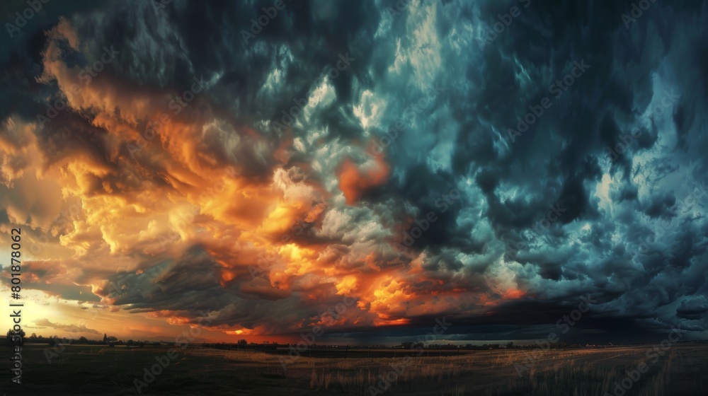 Aufkleber a panoramic view of a stormy sky, with ominous clouds rolling in and obscuring the fading sunlight.