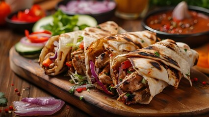 Delicious Chicken Shawarma with Veggies and Sauce Served on a Wooden Board at a Cafe. Concept Chicken Shawarma, Veggies, Sauce, Cafe, Wooden Board