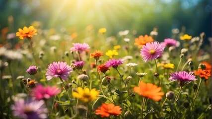 Bright flower meadow in summer with sunbeams and bokeh lights - nature background banner with copy space - wildflowers and springtime concept - summer greeting card