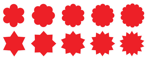 Starburst red sticker set - collection of special offer sale round and oval sunburst labels and buttons isolated on white background. 