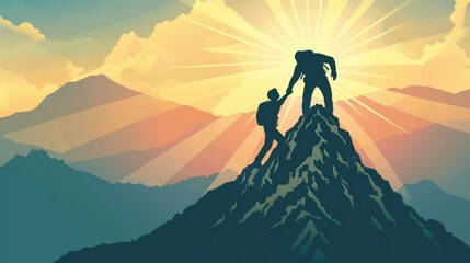 The silhouette of a man helping another person to reach the top, with a mountain peak background and sun rays shining