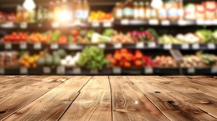 Rustic wooden table foreground with a vibrant, blurred background of a colorful grocery store produce section.