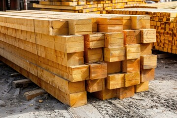 Close-up view of stacked lumber showcasing natural wood grain in a woodworking warehouse with soft focus background.