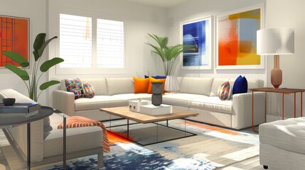 Contemporary and minimalist living room design for a young adult, emphasizing clean lines, functional space, and a neutral palette with vibrant color accents