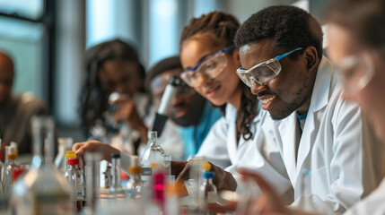 A group of students eagerly conducting experiments under the guidance of their professor in a well-equipped chemistry lab.