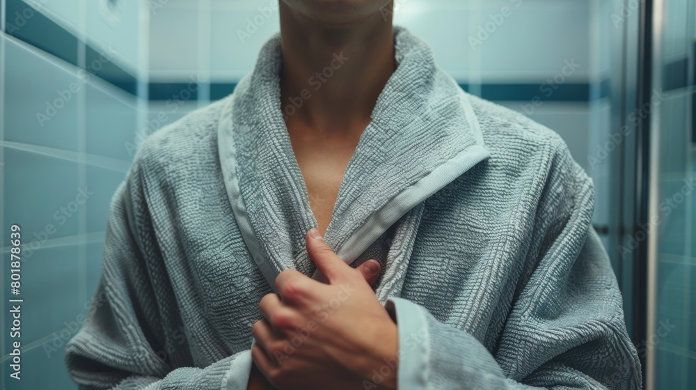 Poster a person wrapping themselves in a robe before entering the sauna leaving their clothes in a designat