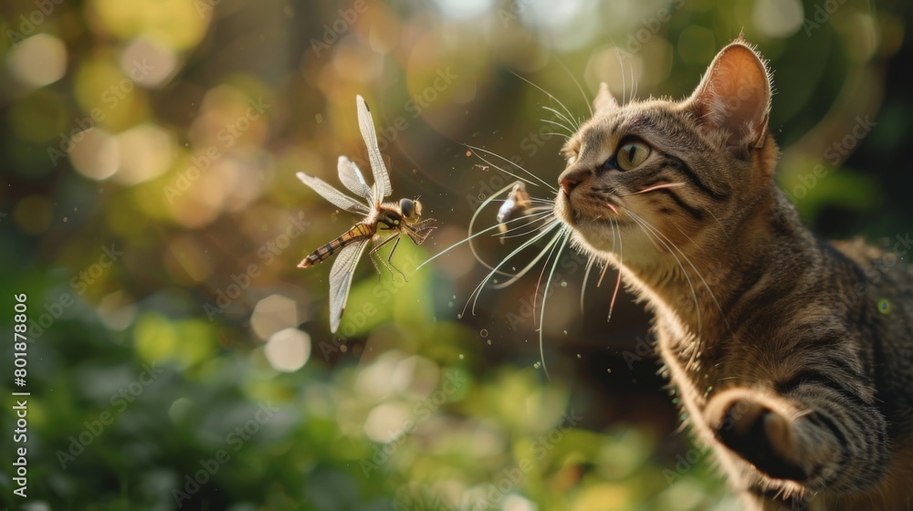 Poster a playful tabby cat swatting at a buzzing dragonfly, eyes wide with excitement and focus.