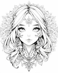 Beautiful anime girl, black and white vector art, for coloring book, isolated white background.