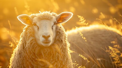 A close-up of a majestic sheep with thick, woolly fleece under the golden sunlight