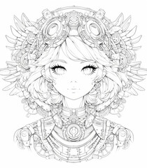 Beautiful anime girl, black and white vector art, for coloring book, isolated white background.