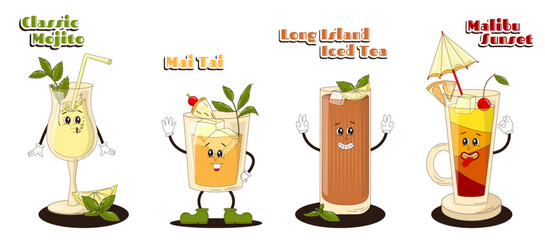 A set of fun groovy-style beach cocktails.A set of retro posters or postcards for a summer cafe with funny characters walking around the city. Characters from the 60s in a modern clockwork style.