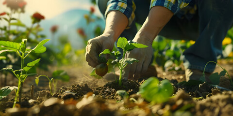 Fototapeta premium Young man plants a seed in soil for improving environment
