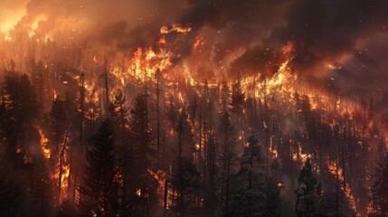 A raging wildfire spreading through a dense forest, with towering flames and billowing smoke engulfing the trees.