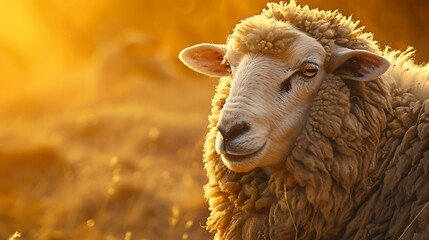 A close-up of a majestic sheep with thick, woolly fleece under the golden sunlight - obrazy, fototapety, plakaty
