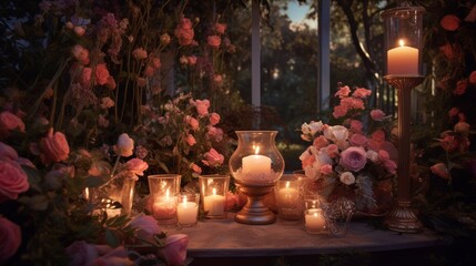 Wedding decoration with candles and flowers on table in the garden